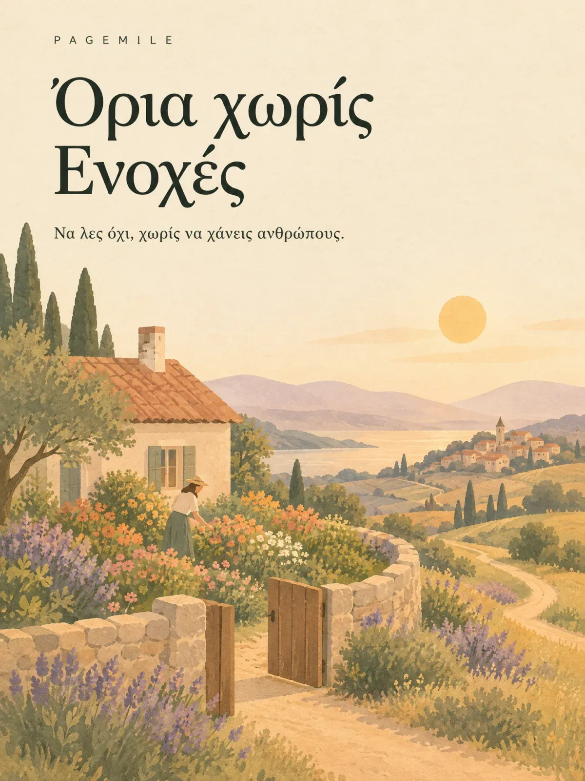 Εξώφυλλο: ένα πέτρινο σπιτάκι με ανθισμένο κήπο, χαμηλή πέτρινη μάντρα και μια ανοιχτή ξύλινη αυλόπορτα στο ζεστό φως. Ένας άνθρωπος φροντίζει τα λουλούδια, ενώ ένα μονοπάτι οδηγεί σε ένα χωριό πάνω από τη θάλασσα.