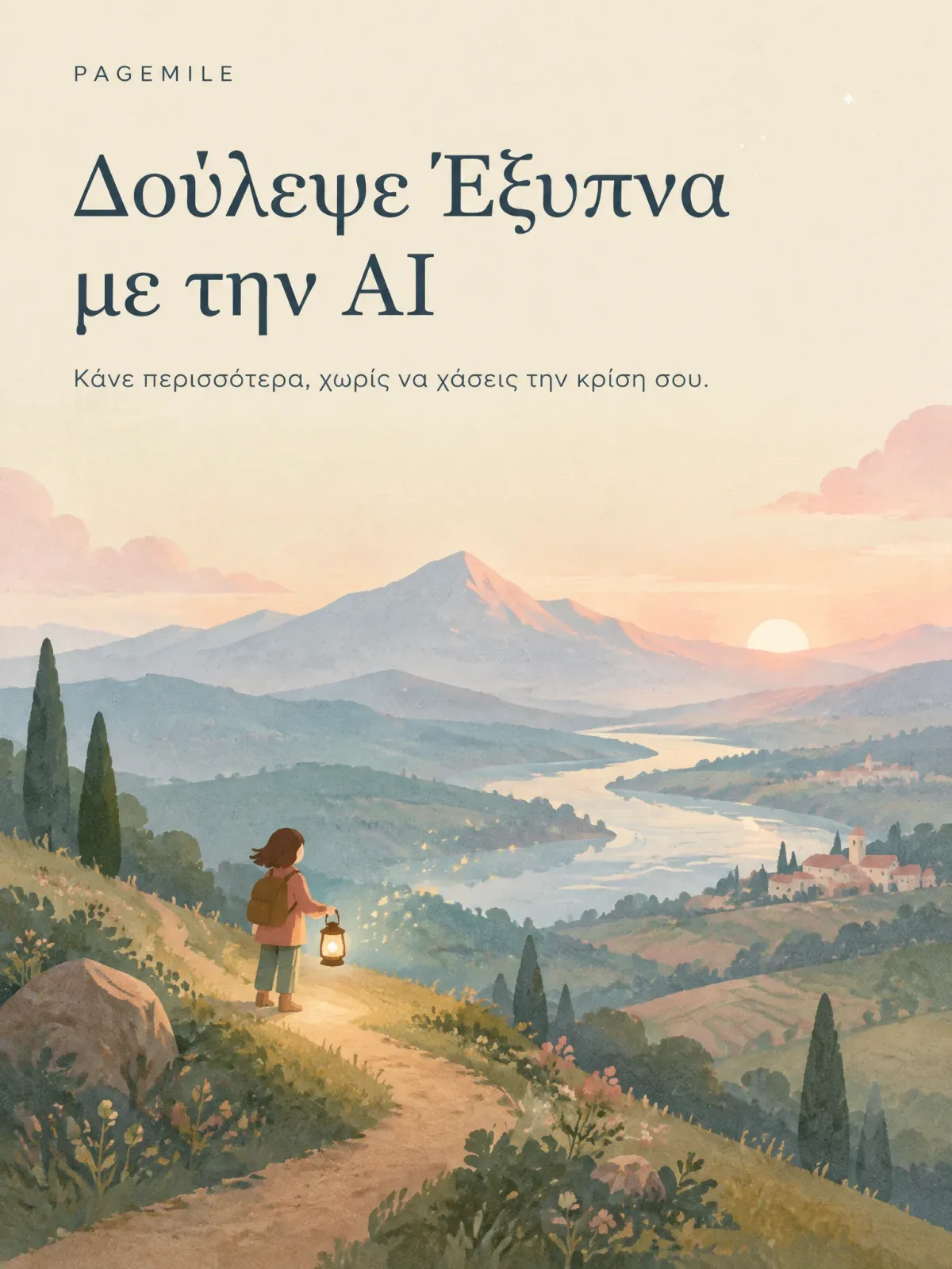 Εξώφυλλο: ένας άνθρωπος με ένα σακίδιο και ένα μικρό αναμμένο φανάρι στέκεται σε ένα μονοπάτι σε μια πλαγιά την ώρα της ανατολής και κοιτάζει ένα ποτάμι που κυλά μέσα σε μια κοιλάδα προς τη θάλασσα, με κυπαρίσσια και ένα χωριό στον λόφο.