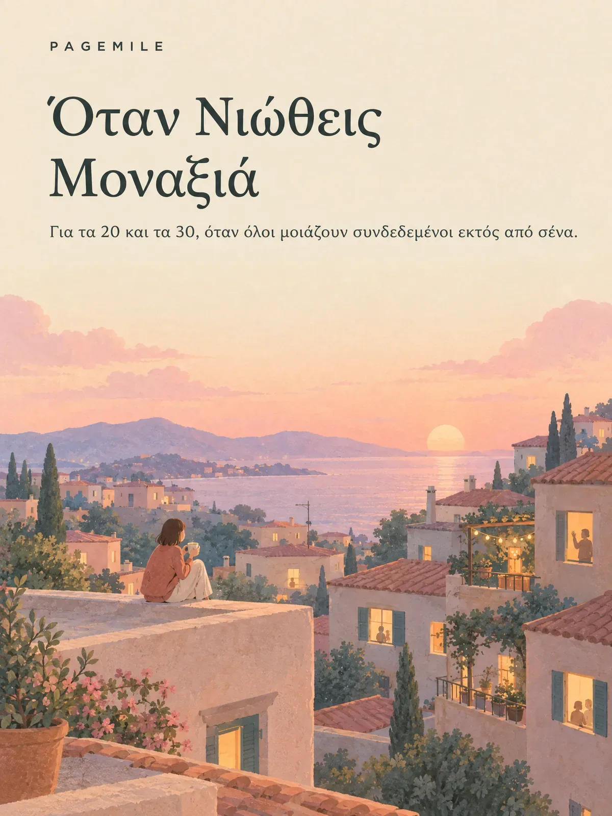 Εξώφυλλο: ένας άνθρωπος κάθεται σε μια ταράτσα της πόλης το σούρουπο και κοιτάζει τα φωτισμένα παράθυρα των γύρω σπιτιών, όπου μικρές φιγούρες μαγειρεύουν, γελούν και μιλούν, κάτω από έναν ροδακινί ουρανό.