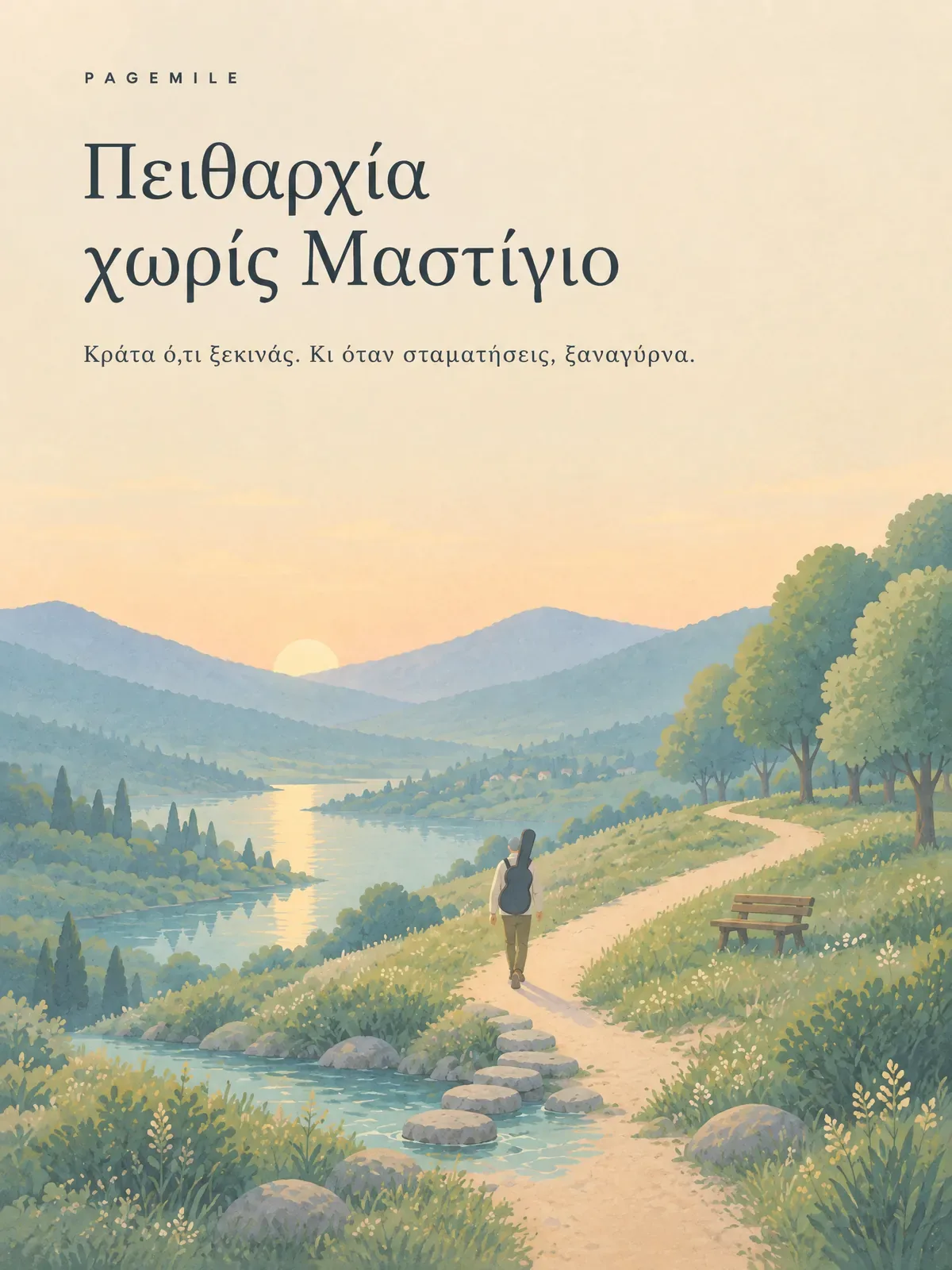 Εξώφυλλο: ένας άνθρωπος με τη θήκη μιας κιθάρας στην πλάτη περπατά σε ένα μονοπάτι που περνά ένα ρυάκι πάνω σε πέτρες, σε μια κοιλάδα με ποτάμι την ώρα της ανατολής, δίπλα σε ένα ξύλινο παγκάκι.