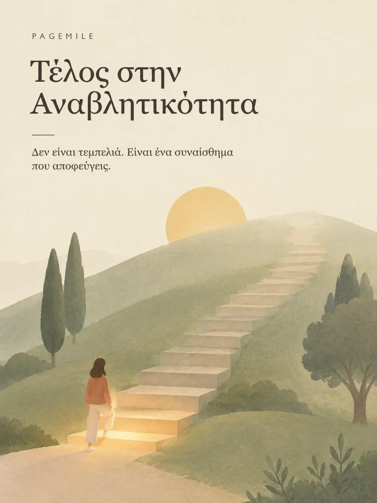 Εξώφυλλο: ένας άνθρωπος ανεβαίνει το πρώτο φωτισμένο σκαλοπάτι μιας πέτρινης σκάλας, που ανεβαίνει σε έναν ηλιόλουστο λόφο με ελιές.