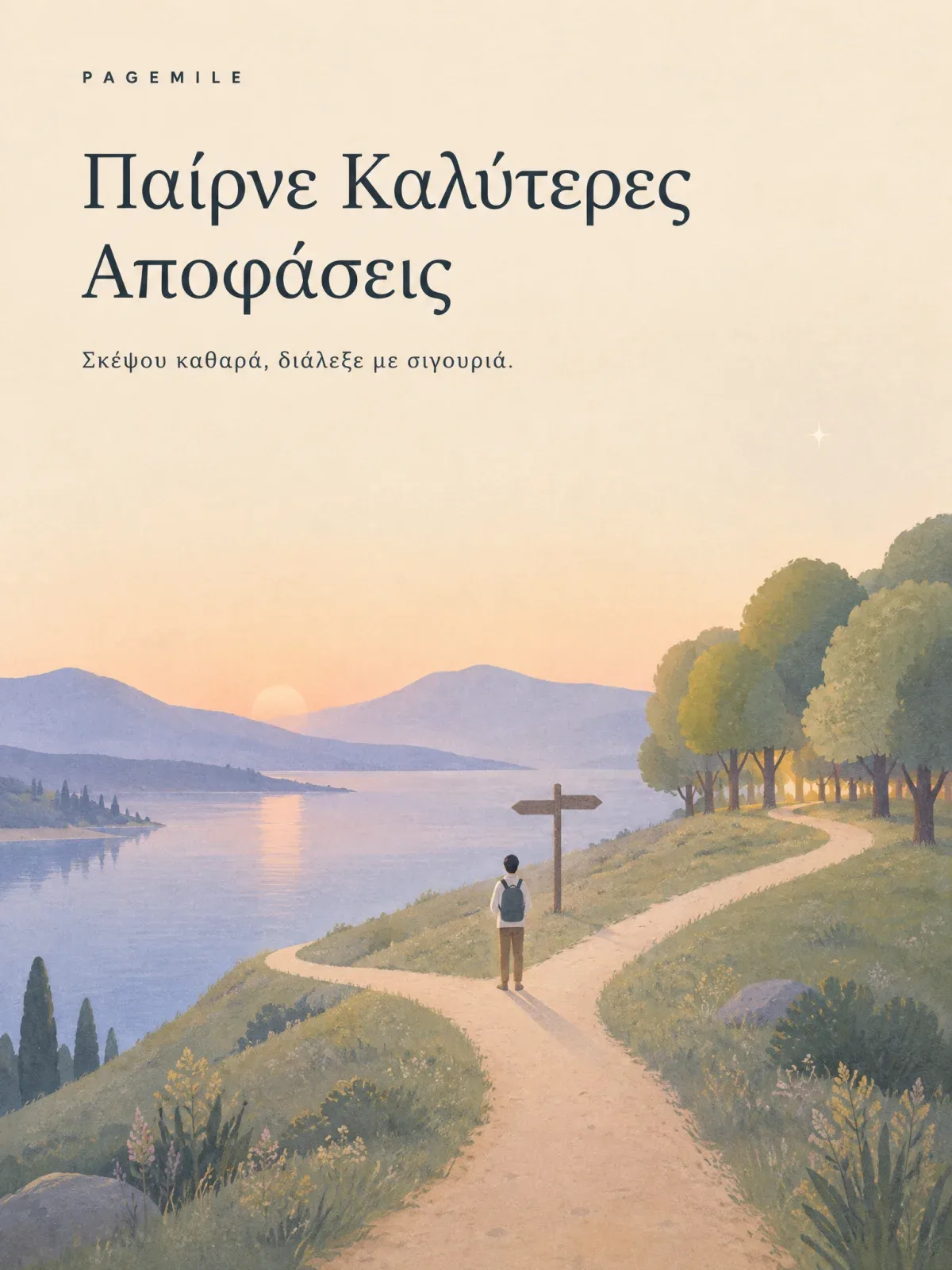 Εξώφυλλο: ένας άνθρωπος στέκεται ήρεμος σε ένα σημείο όπου το μονοπάτι χωρίζεται στα δύο, σε έναν λόφο το σούρουπο. Ο ένας δρόμος κατεβαίνει σε μια ήσυχη λίμνη και ο άλλος χάνεται ανάμεσα σε δέντρα.