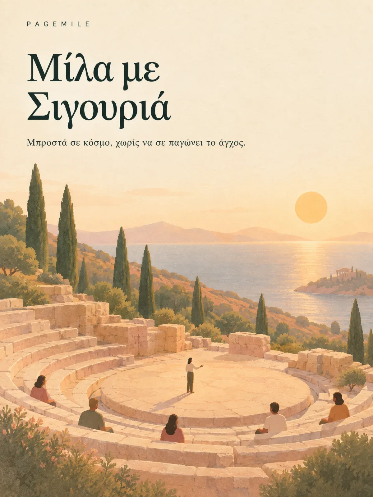 Εξώφυλλο: ένα μικρό αρχαίο πέτρινο θέατρο σε μια πλαγιά στο χρυσό φως, με κυπαρίσσια και τη θάλασσα στο βάθος. Ένας άνθρωπος μιλά στο κέντρο της κυκλικής σκηνής και λίγοι ακροατές κάθονται στις κερκίδες.
